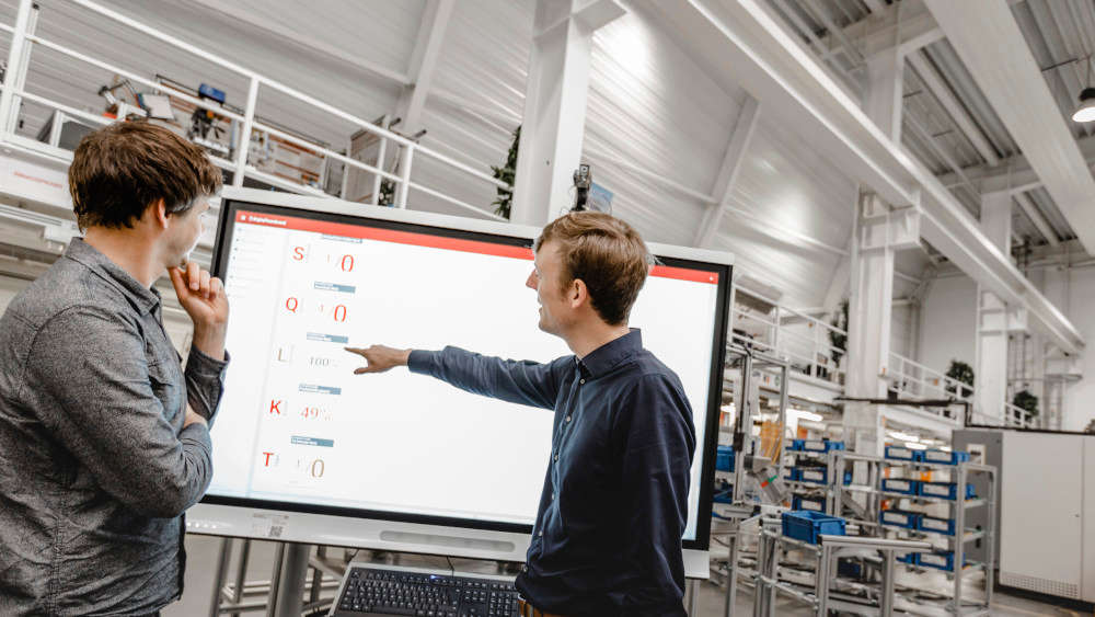 Effiziente Shopfloor Meetings mit dem Digital Teamboard Digital Shopfloor Management in der Praxis: Das Digital Teamboard von SFM Systems im Einsatz beim Shopfloor Meeting.